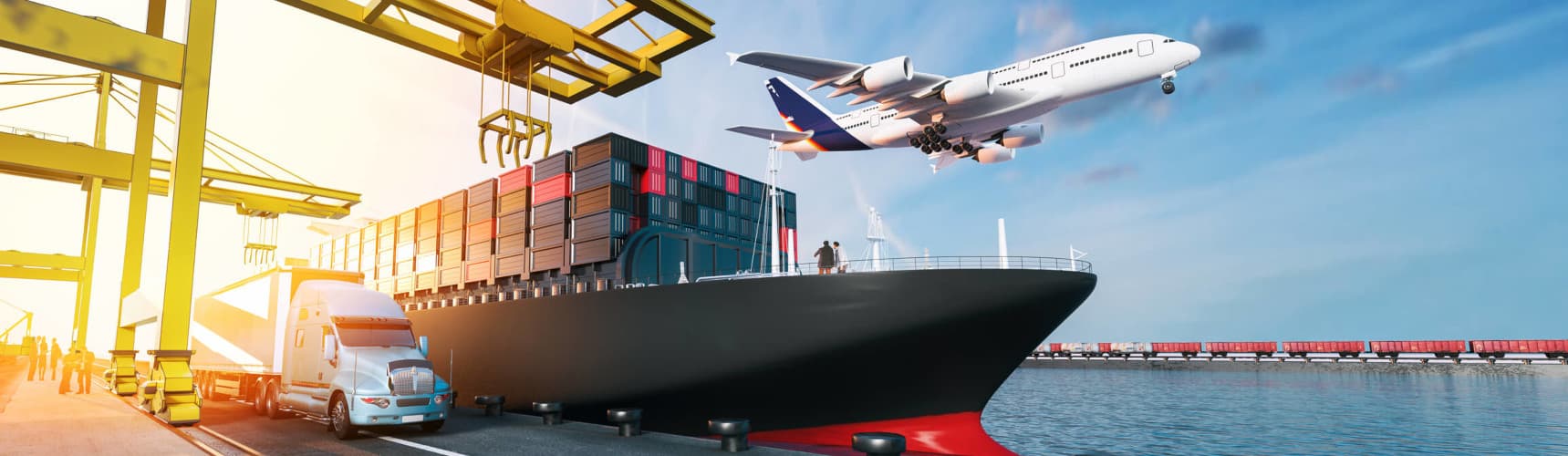 Transporte intermodal: um caminhão, um navio e avião dispostos lado a lado em um porto