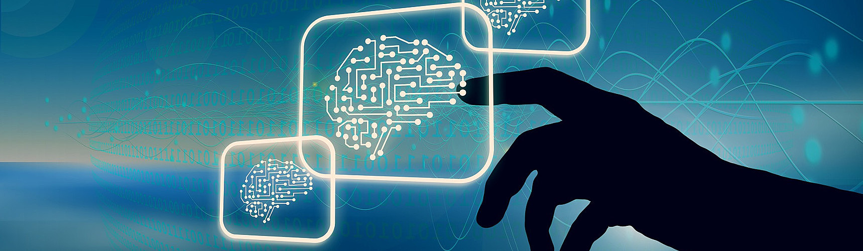 Inteligência artificial na logística: em primeiro plano há um ícone ou avatar de um cérebro humano sendo tocado por uma silhueta de mão humana
