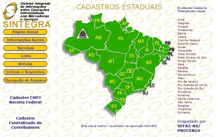 Sintegra: imagem mostrando os estados do Brasil